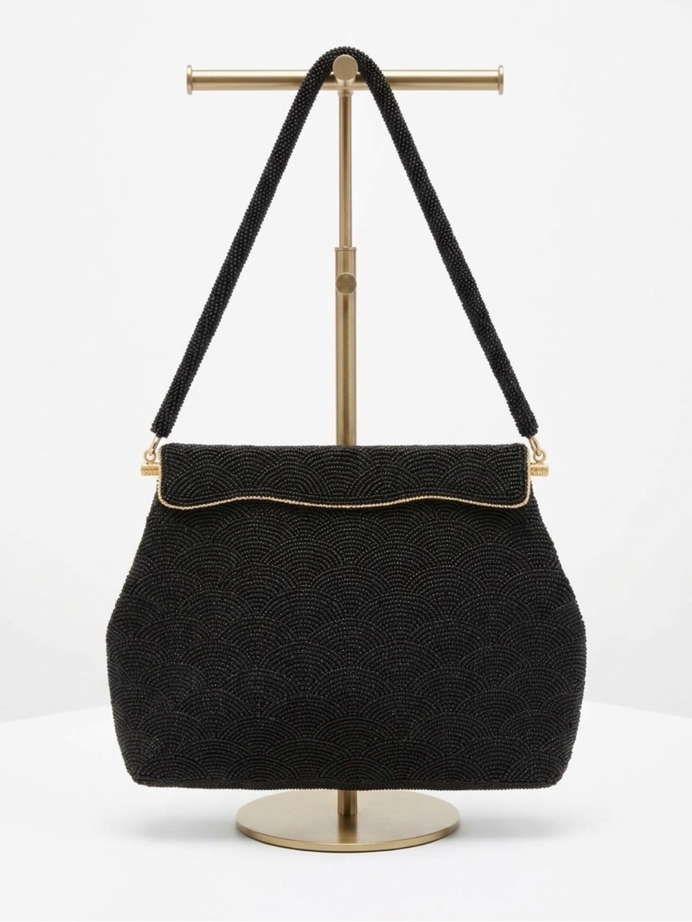 Mid Century Caviar Seed Scalloped Black Beaded Evening Shoulder Bag Vintage